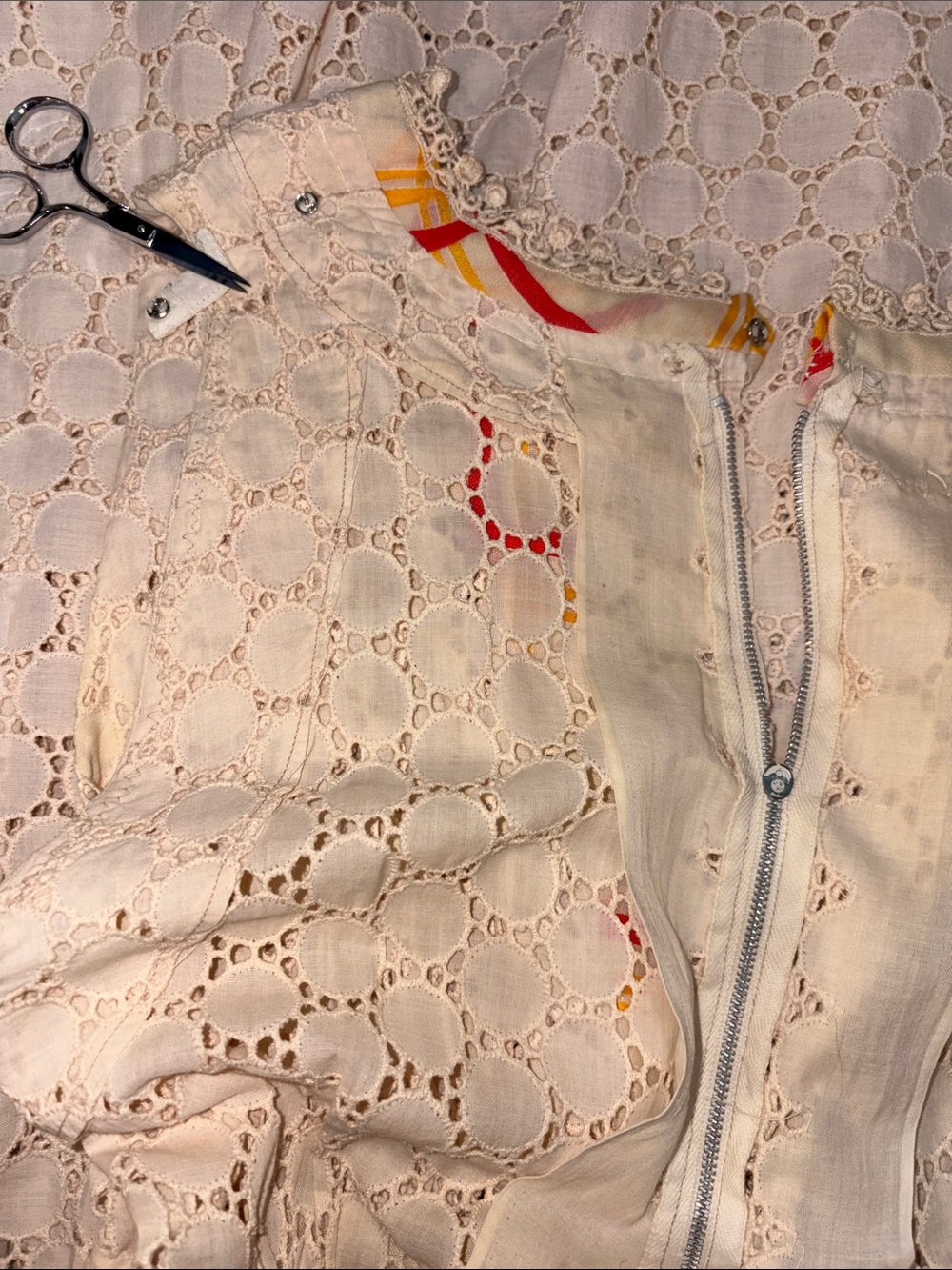 VINTAGE OOAK Cream Lace Maxi Dress with Yellow & Red Plaid Trim - Picture 10 of 11
